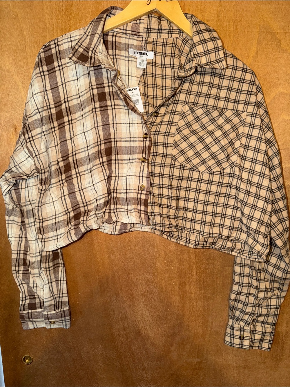 RSQ Beige and Brown Plaid Cropped Button-Up